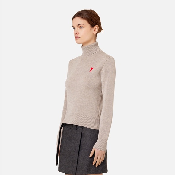 AMI Paris Ami De Coeur Turtleneck Sweater Wool Beige - Picture 1 of 9